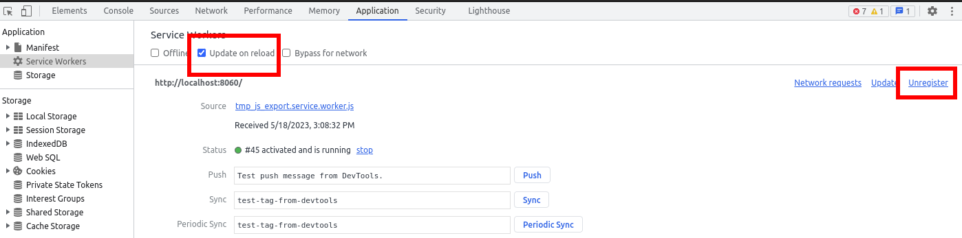 在基于 Chromium 的浏览器的开发者工具中注销服务工作线程