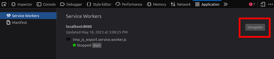 在 Firefox 的开发者工具中注销服务工作线程