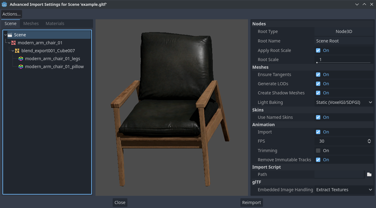 高级导入设置对话框（场景选项卡）