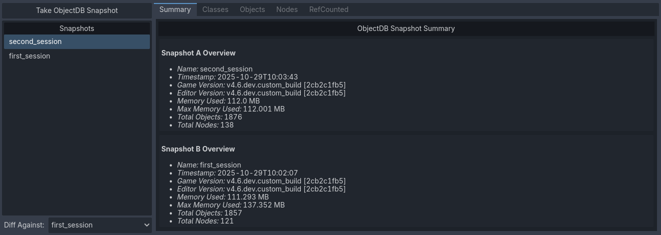 Two snapshots being compared in the Summary tab