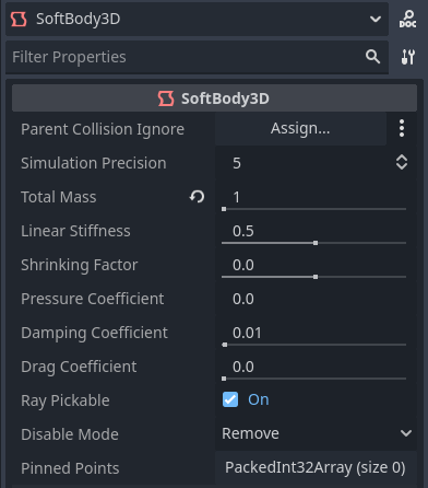 Adjusting SoftBody3D simulation properties in the inspector